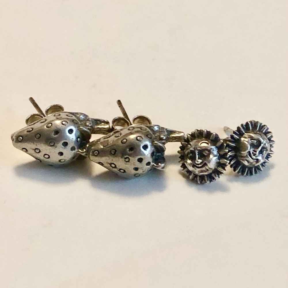 TWO vintage earrings—Strawberry & Sterling Silver Smiling Suns Stud Earrings